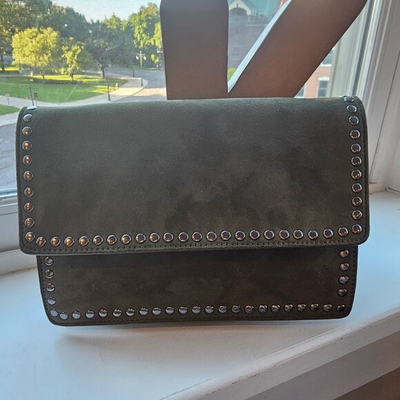 NEIMAN MARCUS STUDDED SUEDE Loden Green Shoulder Bag / CLUTCH / crossbody NWT - Picture 7 of 11